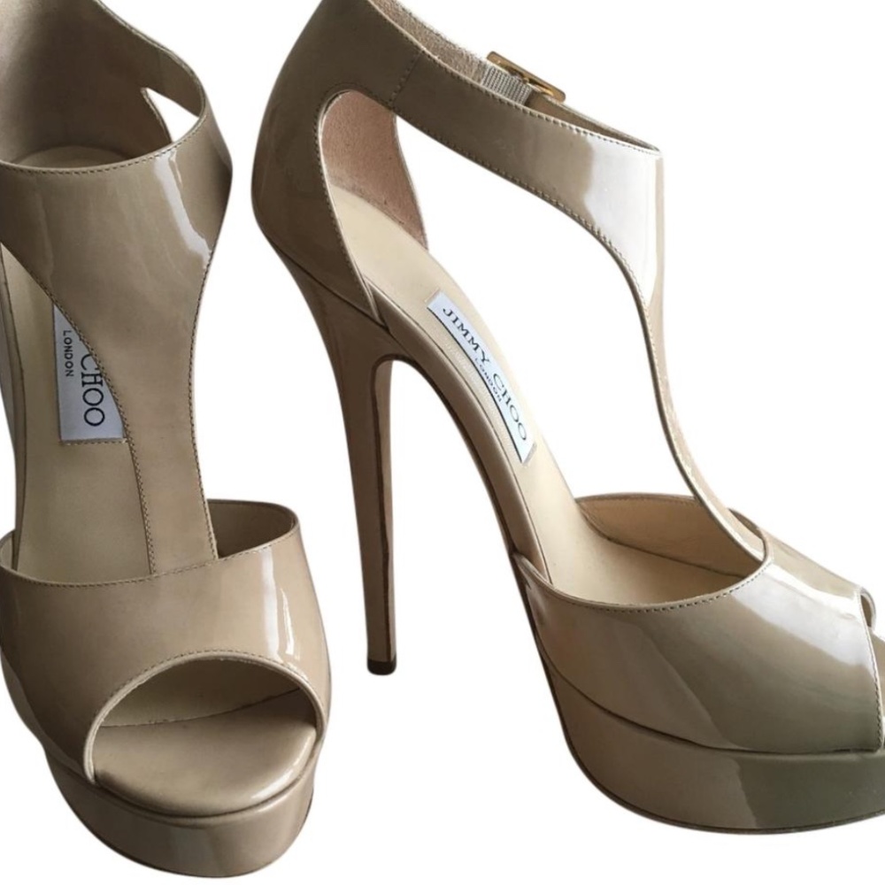 JIMMY CHOO "TEASE" NUDE PATENT LEATHER PUMP